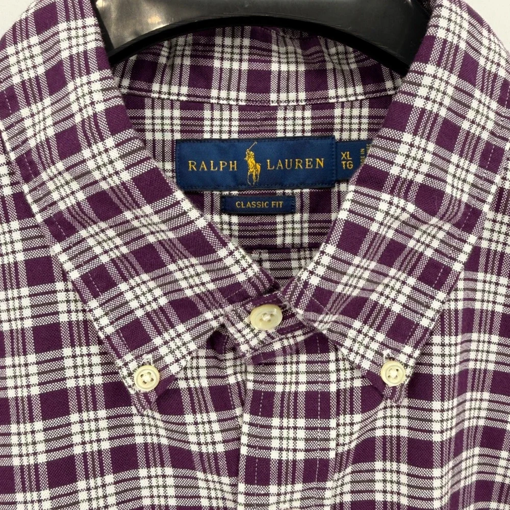 Polo Ralph Lauren Button Down Mens XL Pre-Owned Shirt Purple Plaid Classic Fit‎